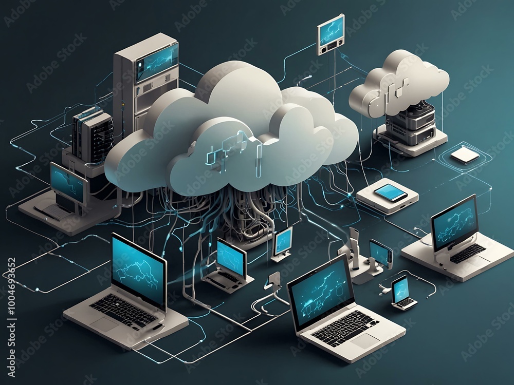 Poster isometric cloud computing illustration with devices connected to a server.