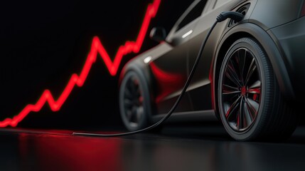 Modern electric car is charging against the backdrop of a red neon graph indicating rising energy prices