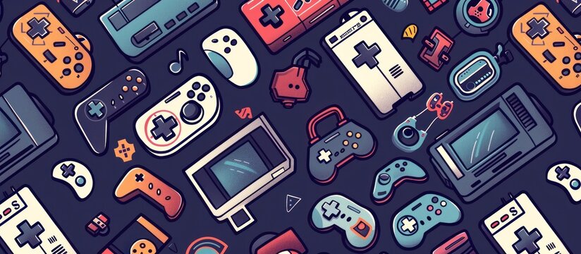 Pattern with retro game joy pad controllers on dark background - Powered by Adobe