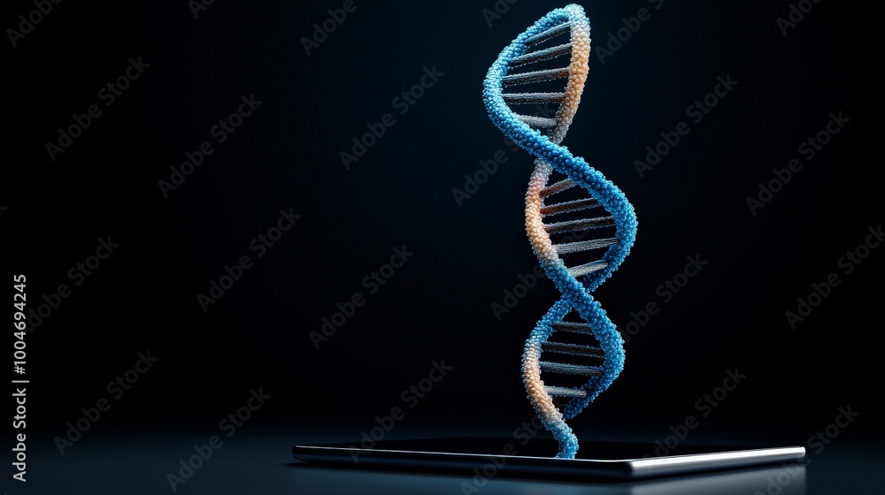 Poster the code of life: a 3d rendering of a dna double helix stands tall against a deep blue background, s