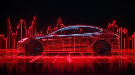 Red electric car charging with a red stock market graph trending downward in the background