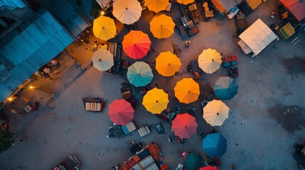 Aerial view of vibrant market with colorful umbrellas in a bustling urban area during twilight
