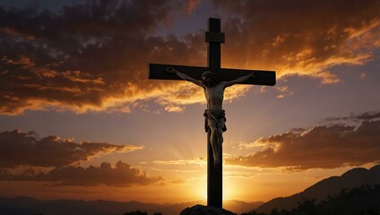 Jesus' crucifix stands against a breathtaking sunset on the mountainside.