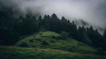 Fototapeta premium A serene hillside is enveloped in fog, showcasing a lush green landscape with towering trees under a cloudy sky