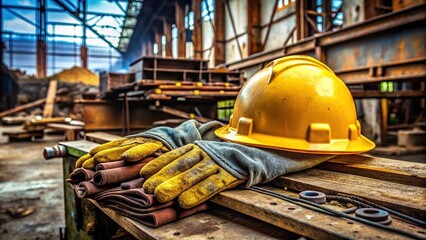 Yellow hardhat and worn work gloves lie abandoned on a rusty metal beam, surrounded by scattered tools and construction debris in a rugged industrial setting.