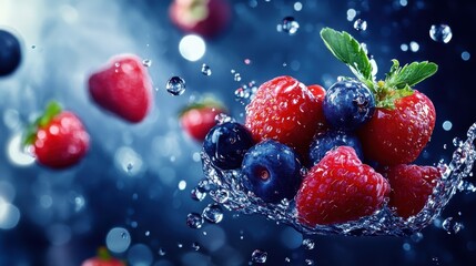 A group of fresh berries, including strawberries, raspberries, and blueberries, suspended in mid-air with water splashing around them
