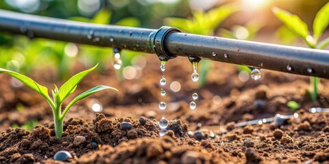 A close-up view of a drip irrigation system, showing water droplets falling from a rubber tube onto the soil.