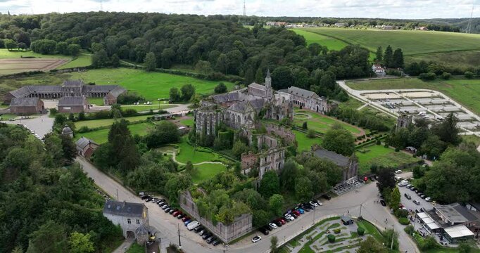 Aerial drone video, Ruins Abbey of Aulne at the Sambre , Gozee , in Thuin, Belgium