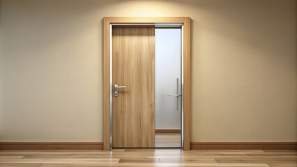 A sleek, modern doctor's office door with a polished wooden frame, glass panel, and silver handle, set against a calm, beige-colored wall background.