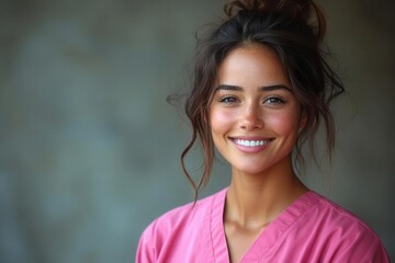 a friendly medical professional in pink scrubs smiles warmly against a soft background this approachable image conveys care and compassion ideal for healthcare promotions and community engagement