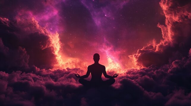 Silhouette human lotus position, meditation space galaxy cloud nebula, cosmos background wallpaper