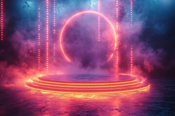 a futuristic holographic podium emerges from a vibrant light display showcasing a blend of digital and physical realms that redefine presentation and performance