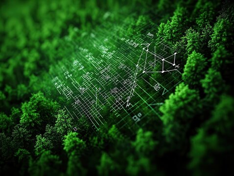 A dense forest morphing into graphs and functions, organic integration of nature with calculus, Nature-inspired mathematics, Natural calculus