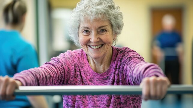 Smiling senior woman using parallel bars during physical therapy