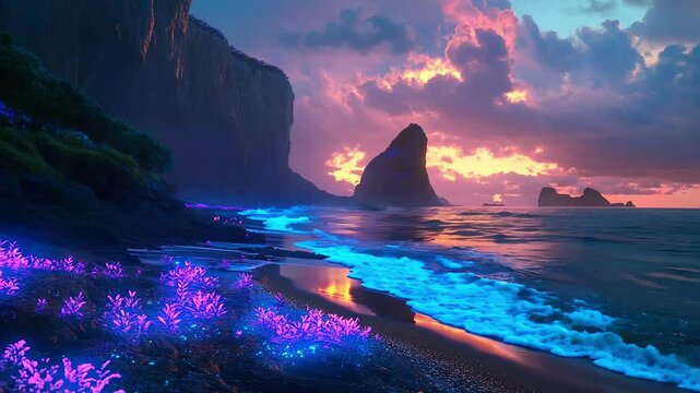 Seamless Looping Coastal Sunset with Bioluminescent Plants