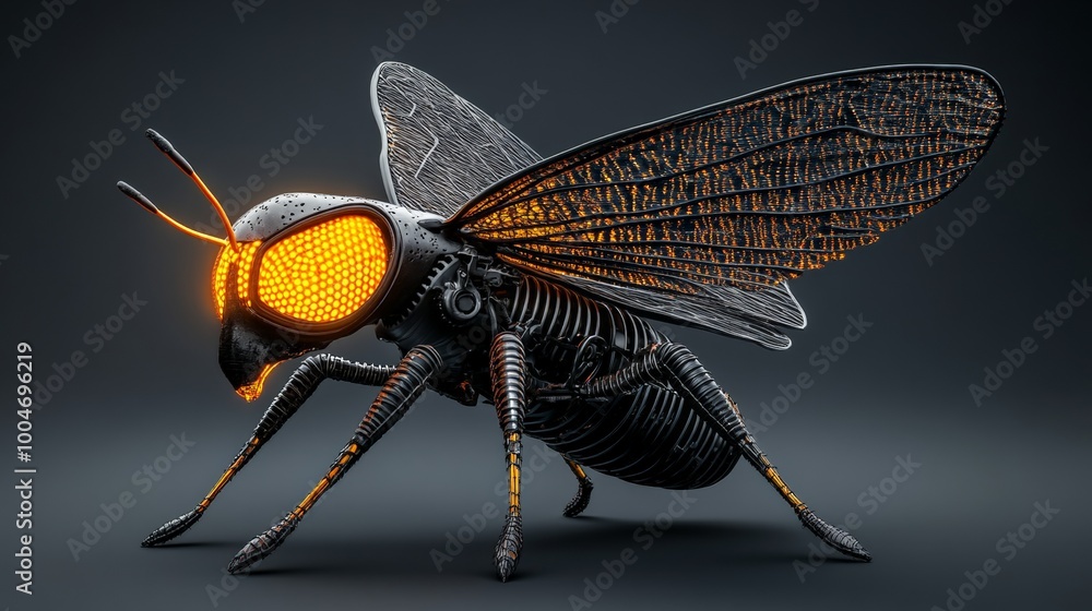 Poster cybernetic bee: a mesmerizing and futuristic metallic bee with glowing eyes, its intricate exoskelet