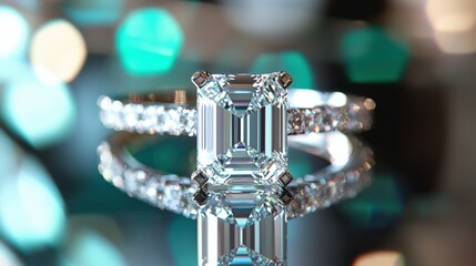 This stunning engagement ring showcases a prominent emerald-cut diamond, elegantly set on a sparkling band, capturing light and creating a dazzling effect
