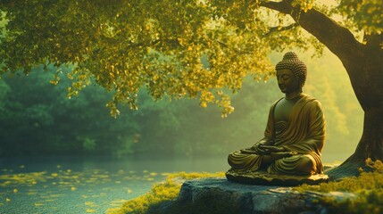 Statue of meditating Buddha under the Bodhi tree, traditional buddhism style, green and golden hues. buddha purnima day.