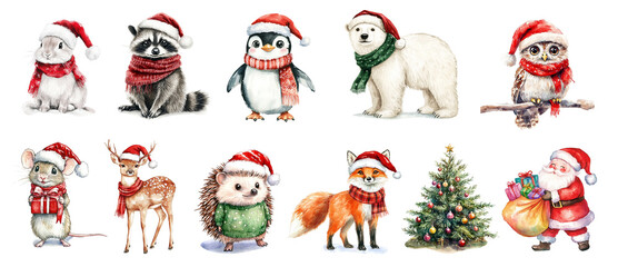 Set of Watercolor illustration of a cute animals wearing a christmas hat and scarf, Christmas tree and Santa with sack of gifts 
