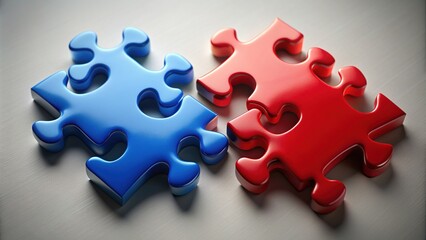 Obraz premium Vibrant red and blue puzzle pieces diverge, symbolizing contrasts, disagreements, and individuality, against a neutral background, highlighting the beauty of differences and diversity.