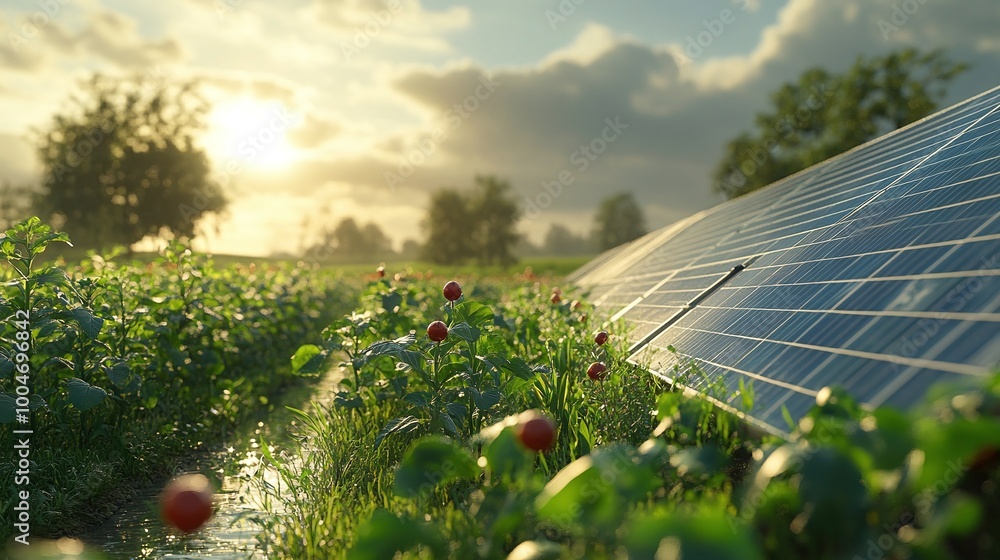Poster sustainable agriculture using solar panels integrated with crops for simultaneous renewable energy g