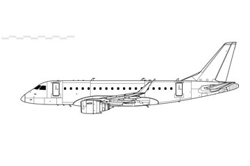 Embraer E-170. Vector drawing of regional passenger jet airliner. Side view. Image for illustration and infographics.
