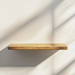 A sleek wooden shelf with smooth, polished surfaces, mounted against a clean, white wall with subtle shadows