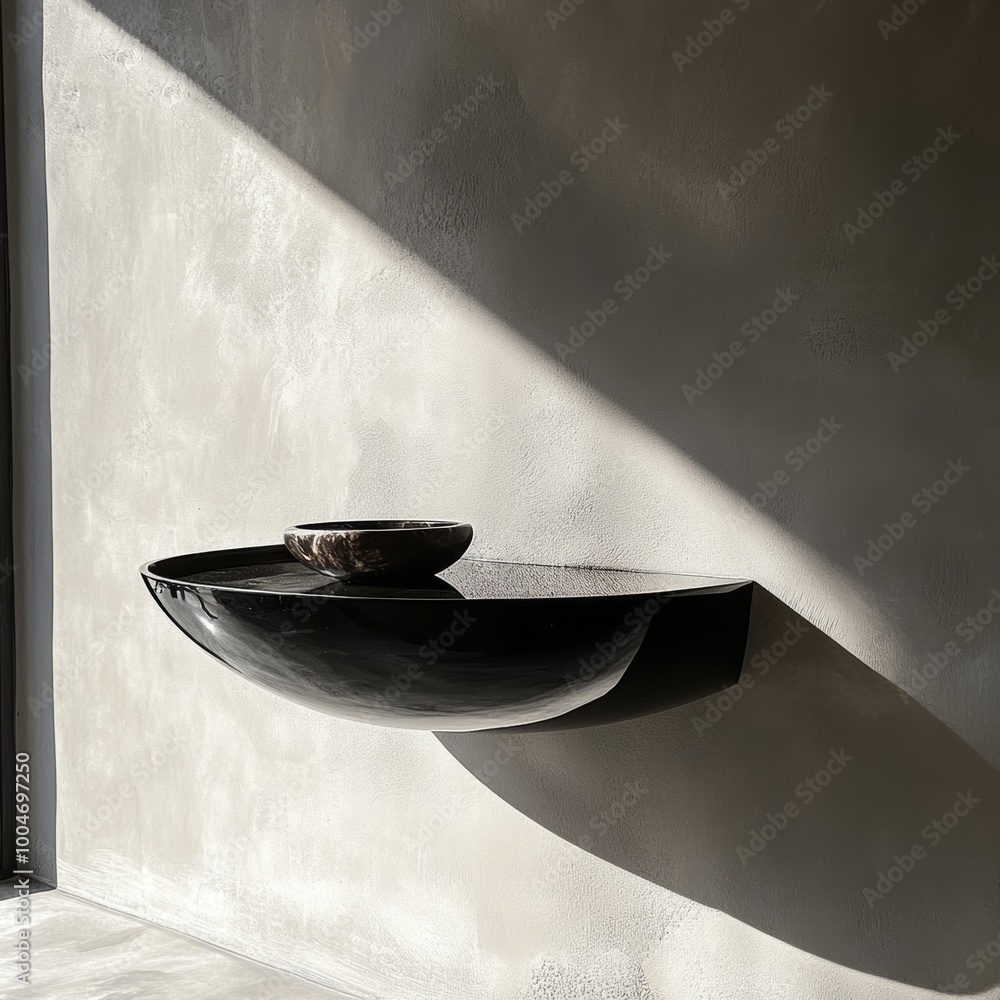 Poster a small, glossy black shelf floating against a matte grey wall, casting soft shadows and ready for d