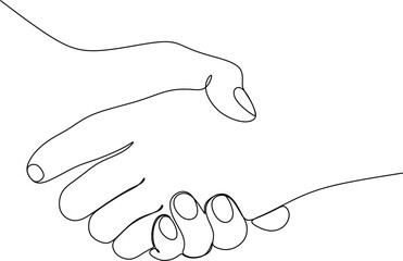 Two people agree and shake hands one contiguous line vector illustration. Shaking hands. Vector illustration for poster, card, banner, valentine day, wedding,Coffee cup and t-shirt. Hand drawn