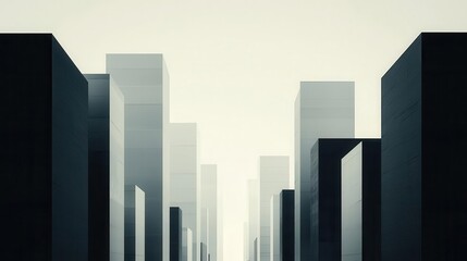 An abstract cityscape where buildings form geometric shapes and integrals, Urban math, Calculus in architecture