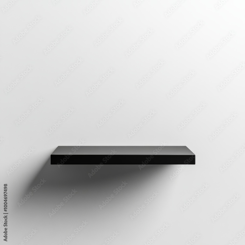 Poster a small, minimalist black shelf floating against a clean white background with subtle, soft shadows