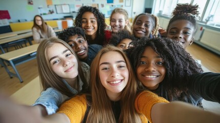 Fototapeta premium Happy young students taking a selfie portrait together in a university or school classroom. An American girl takes a photo with her smiling classmates. Friends at the Academy