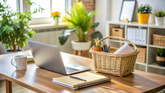 A tidy office desk with a pregnancy self-care basket, a laptop, and a notebook, conveying a sense of balance between work and expecting a baby.