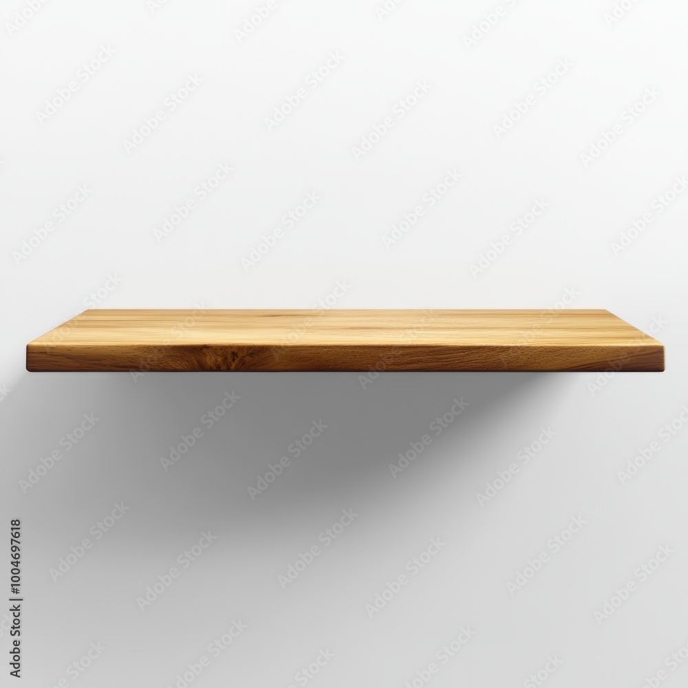 Poster a smooth wooden shelf with a polished finish, floating against a white background with subtle shadow