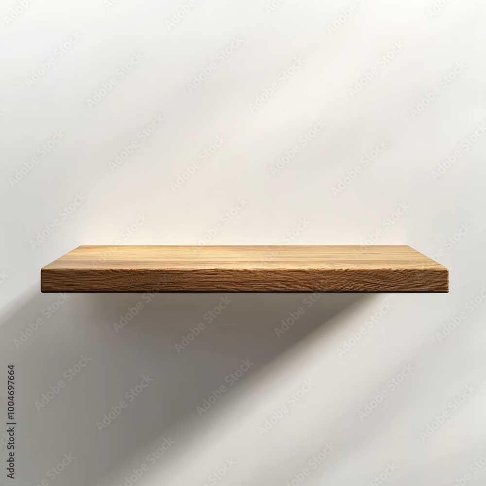 Poster a smooth wooden shelf with a polished finish, floating against a white background with subtle shadow