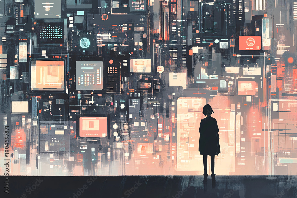 Poster silhouette of a person in front of a wall of glowing screens displaying various digital elements and