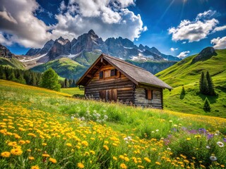 Fototapeta premium Rustic old mountain hut surrounded by vibrant yellow wildflowers, nestled in a lush green meadow, under a clear blue sky with wispy clouds.