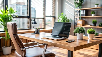 Modern office workspace with empty chair and laptop screen displaying coding software or website development tools on a clutter-free wooden desk.