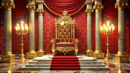 Fototapeta premium A luxurious golden throne sits atop a red-carpeted dais, adorned with ornate candelabras and imposing marble columns, evoking an atmosphere of oppressive authoritarian power.