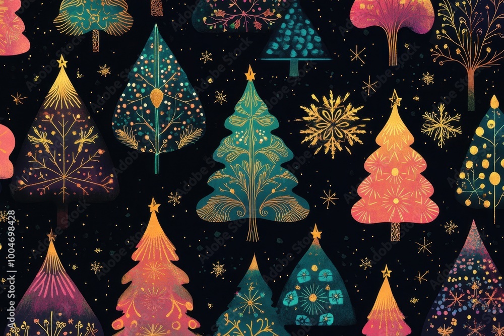 Poster pattern of colorful christmas trees in the style of psychedelic with bold lines, repeating patterns,