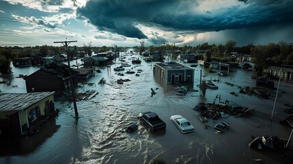 Sweeping overhead image showcasing the dramatic scale and devastation of a natural disaster with a flooded town engulfed by raging floodwaters and surrounded by ominous storm clouds looming overhead