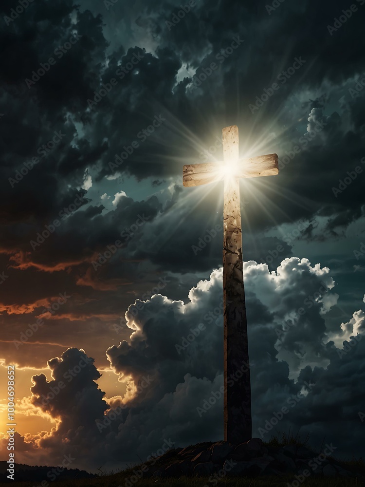 Poster light breaks through clouds over a cross symbolizing resurrection in christianity.