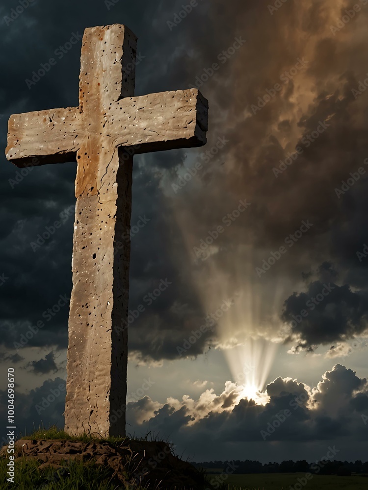 Poster light breaks through clouds over a cross symbolizing resurrection in christianity.