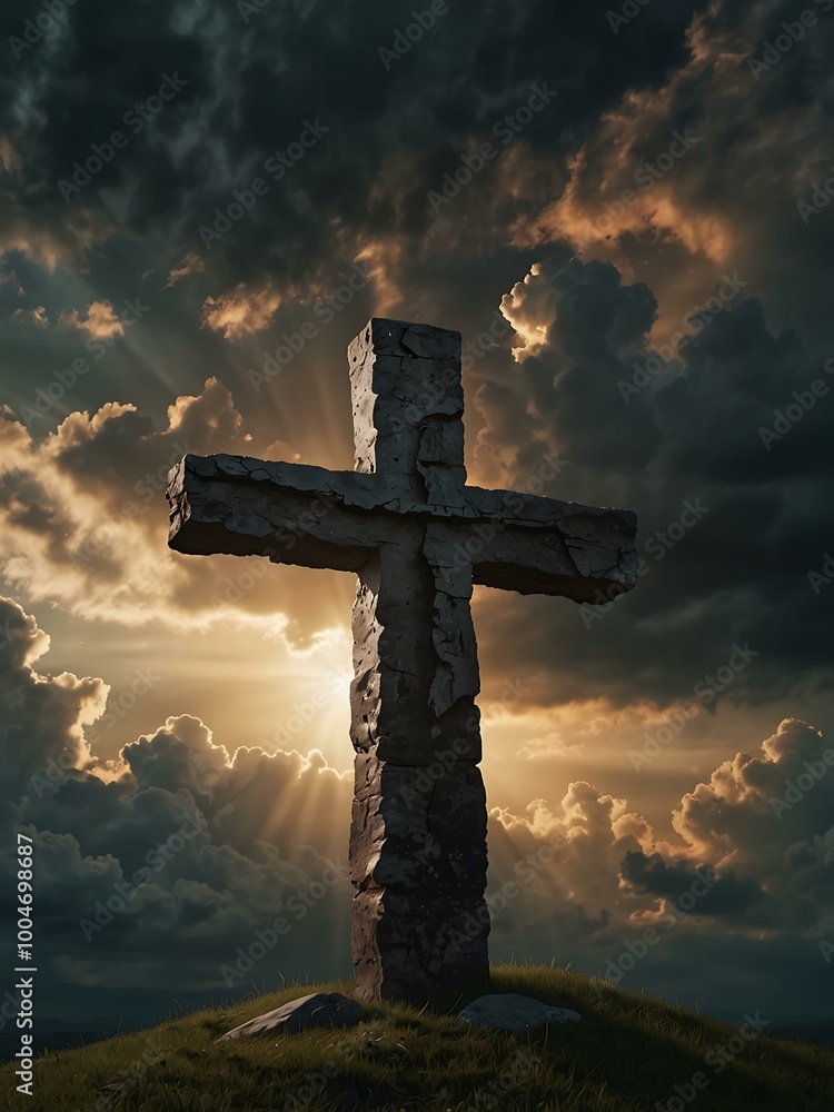 Poster light breaks through clouds over a cross symbolizing resurrection in christianity.