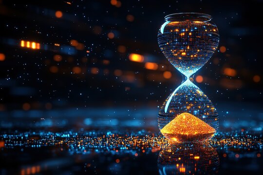 A digital image of a clock with a sand timer inside