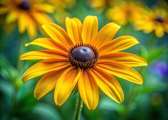 Obraz premium Vibrant yellow petals and dark centers of Rudbeckia flowers shine brightly against a soft green background, showcasing their large, daisy-like blooms and slender stems.