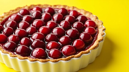 Cherry and lemon tart with a shortbread crust, placed on a white ceramic dish with a contrasting neon yellow background