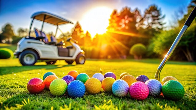 Colorful golf balls and junior-sized golf clubs lie on a lush green grass near a golf cart on a sunny day at a kid-friendly course.