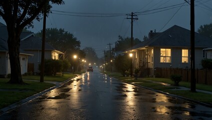 Lightning striking a residential street in heavy rain at dusk.