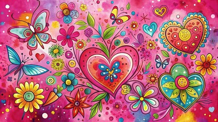 Whimsical doodles of hearts, flowers, and butterflies on a bright pink background, surrounded by splashes of colorful paint, conveying a sense of playful romance.